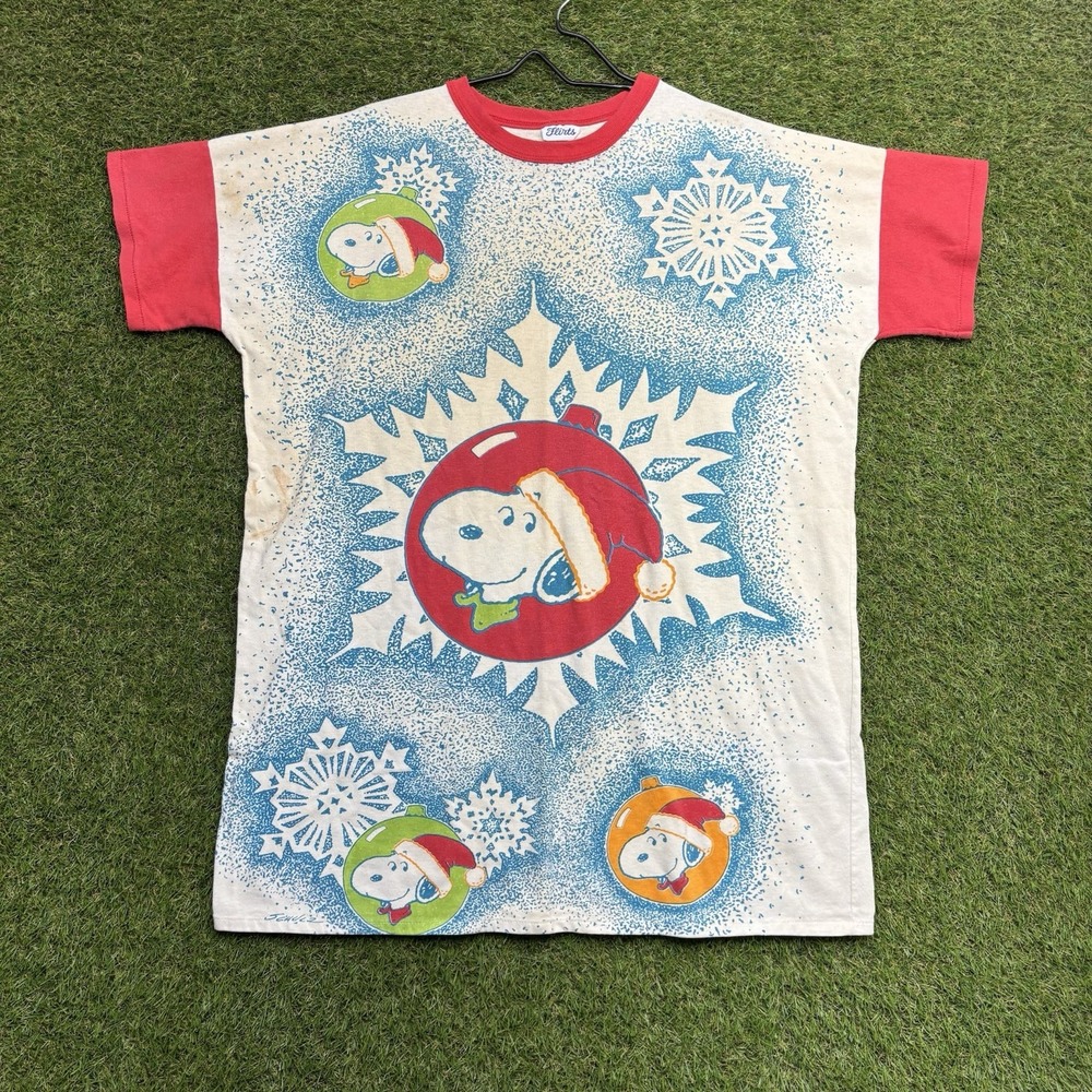 Vintage Snoopy Christmas Shirt Womens XL OSFA 80s Nightie Sleep Peanuts AOP
